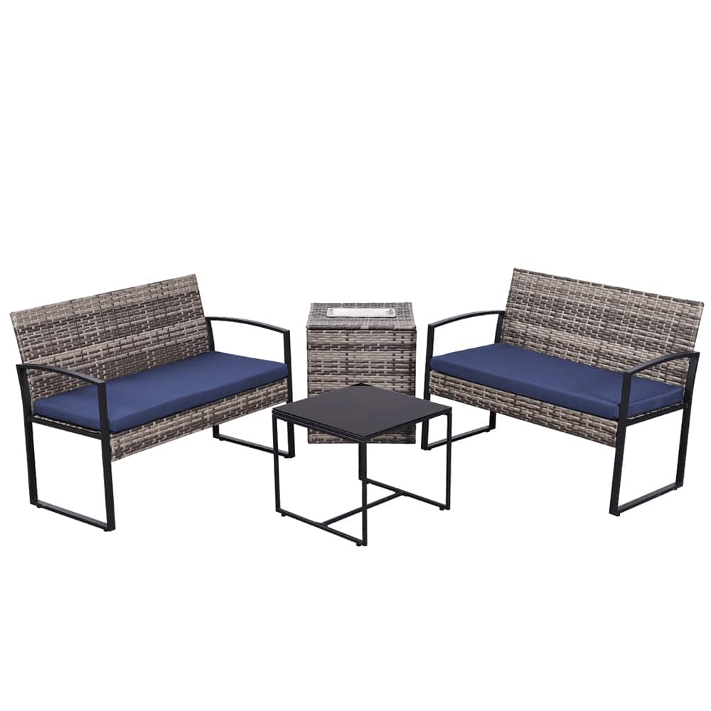 Ainfox - 4Piece Outdoor Patio Furniture Set with Ice Cooler Storage Box & Coffee Table for Outside, Garden, Balcony, Porch - Blue