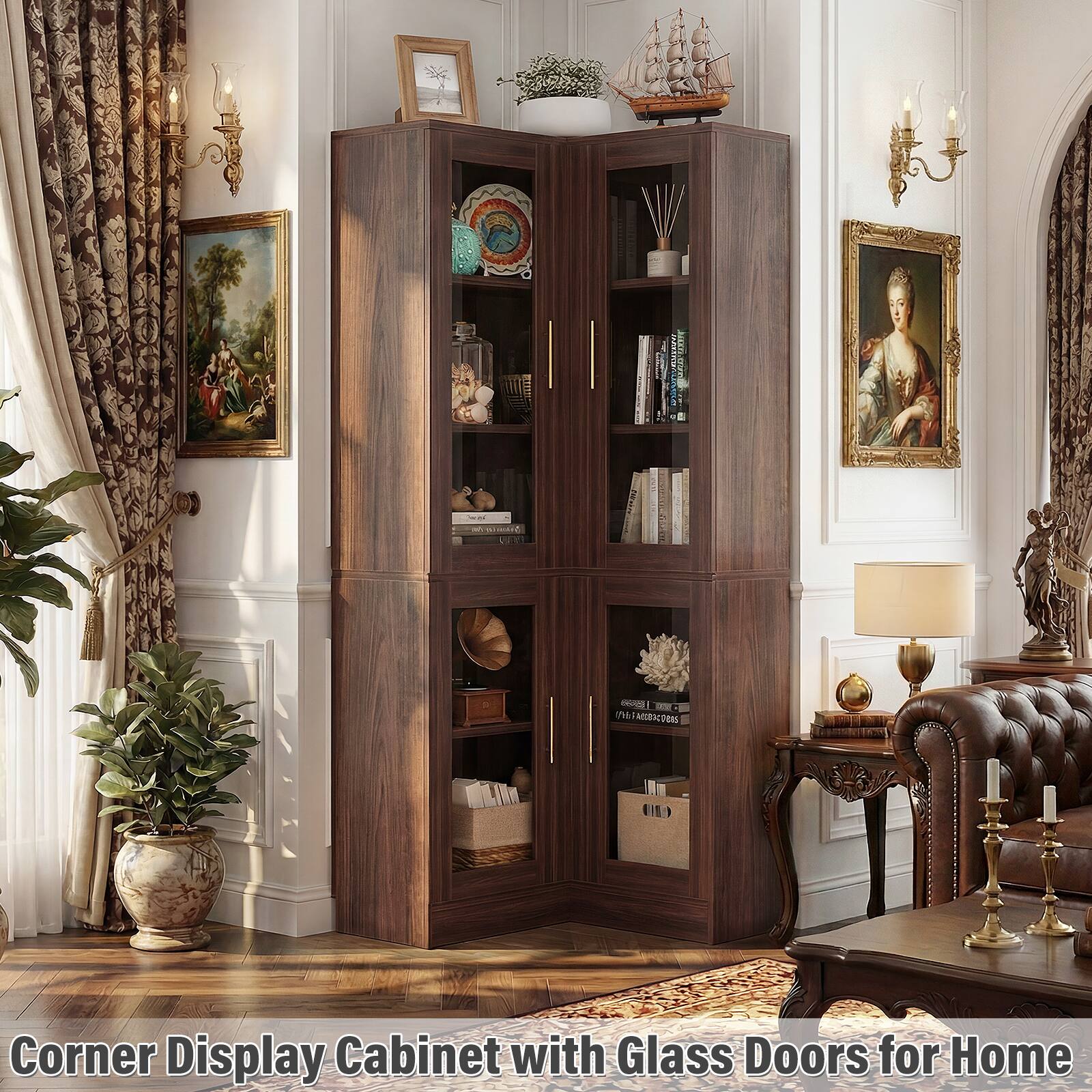 Corner Display Cabinet with Glass Doors for Home