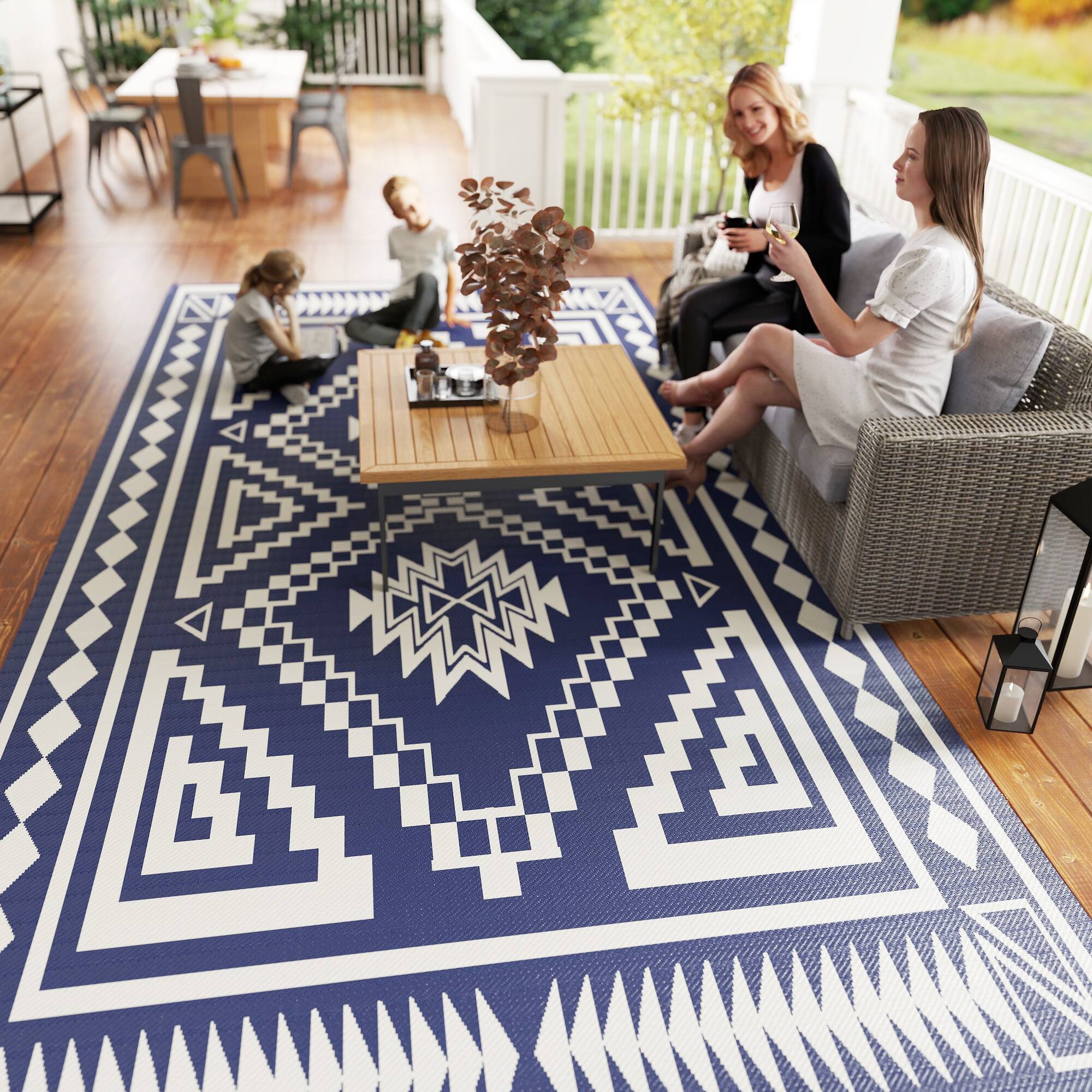 Alt View 8. Outsunny - Outdoor Rug for Patio, 9' x 18' Waterproof Large Mat, Reversible Plastic Straw Rug for Décor - Blue and White Square Patchwork.