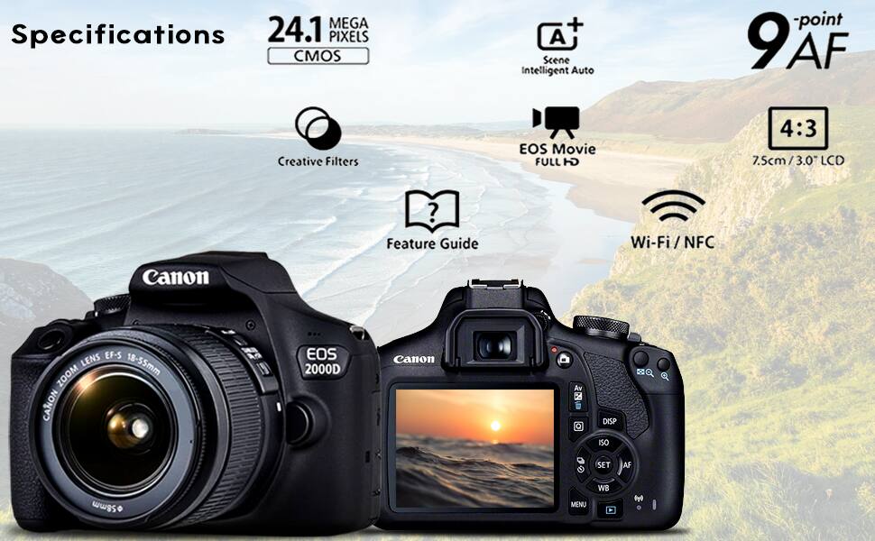 Specifications  
24.1 MEGA PIXELS CMOS  
9-point AF  
4:3  
7.5cm/3.0" LCD  
Creative Filters  
Scene Intelligent Auto  
EOS Movie FULL HD  
Wi-Fi / NFC  
Feature Guide  
Canon EF-S LENS 18-55mm  
Canon EOS 2000D