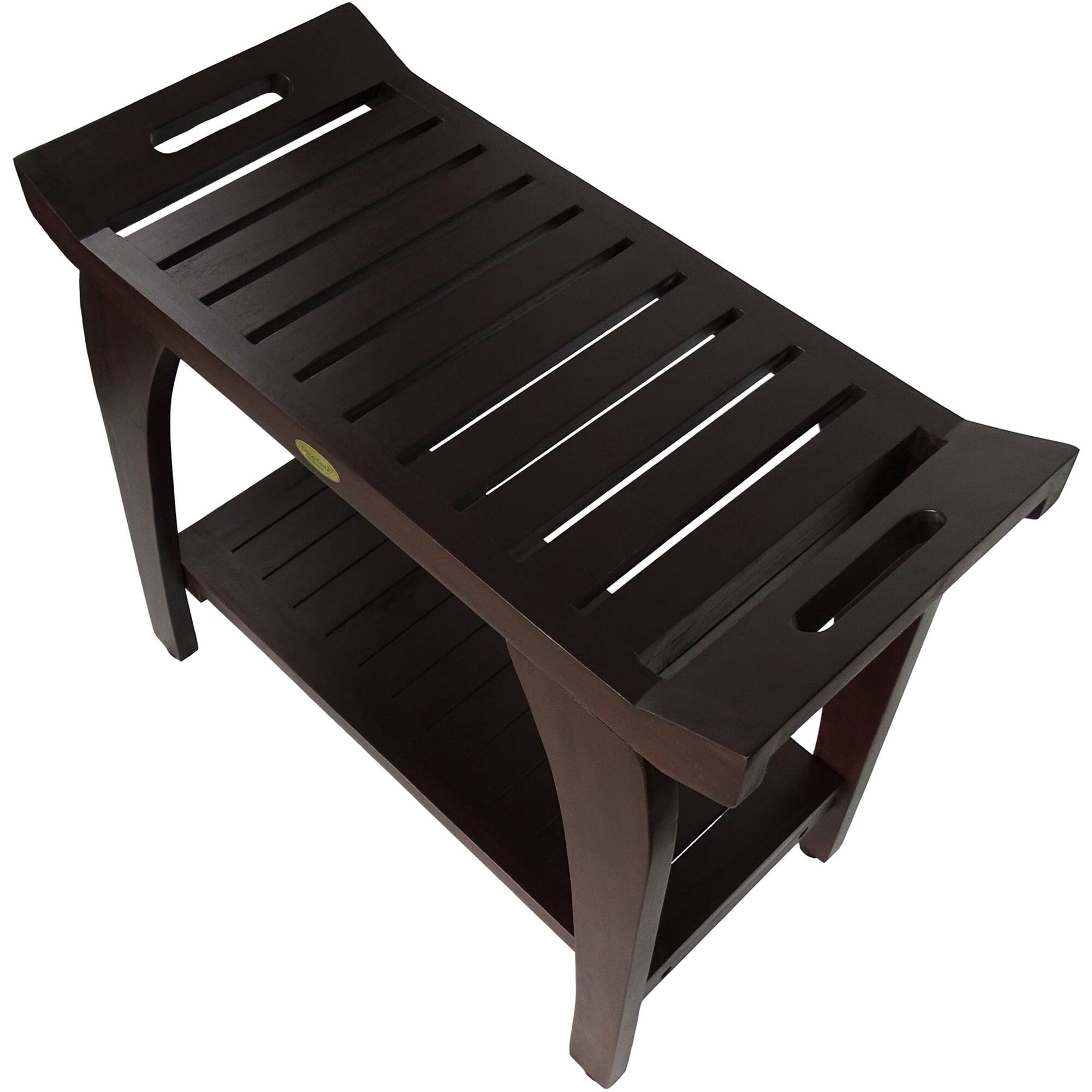 Back. DecoTeak - DecoTeak Tranquility 30"L Teak Wood Shower Bench with Shelf and LiftAide Arms in Woodland Brown Finish - Extended Height - Woodland Brown.