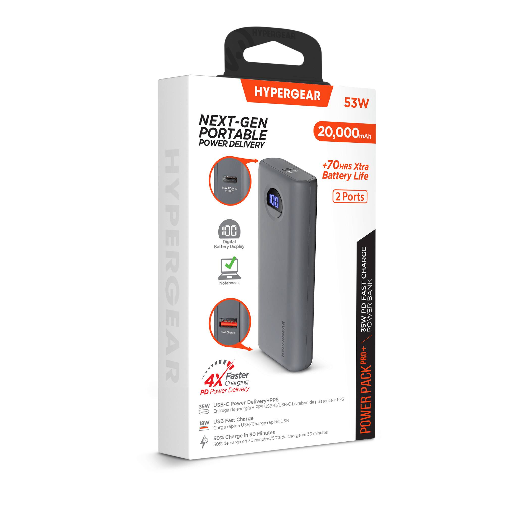 HYPERGEAR HYPERGEAR 53W NEXT-GEN PORTABLE 20,000mAh POWER DELIVERY +70HRS Xtra Battery Life - 5m - : 00 2 Ports 100 Digital Battery Display HYPERGEAR CHARGE Notebooks FAST BANK PD ad 35W POWER - Oa HYPERGEAR PRO+ 4X 4X Charging Faster PACK PD Power Delivery Delivery+PPS puissance PS Power Lireison de S5W USB-C PP USB-C/USB-C energa + Entrega de 1eW Carga USS Fast rpida Charge USB/Charge Minutes rapide Use minutes POWER in 30 charge a. T0 50% Charge minutos/S0% de an 1O 50% de carpa