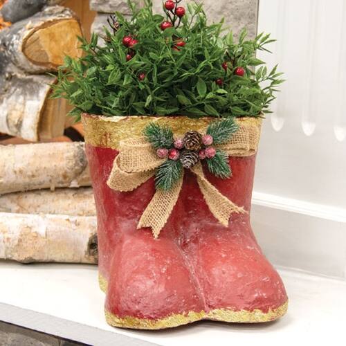 Angle. BreeBe - Distressed Red & Gold Painted Metal Santa Boot Pair - Red & Gold.