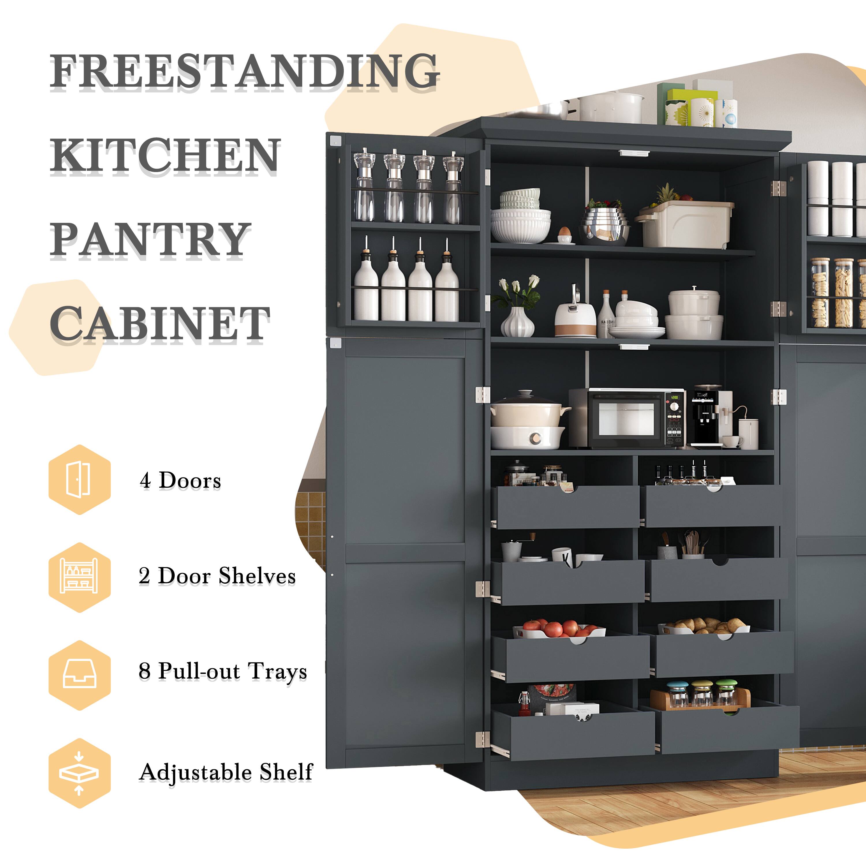FREESTANDING KITCHEN PANTRY CABINET

- 4 Doors
- 2 Door Shelves
- 8 Pull-out Trays
- Adjustable Shelf