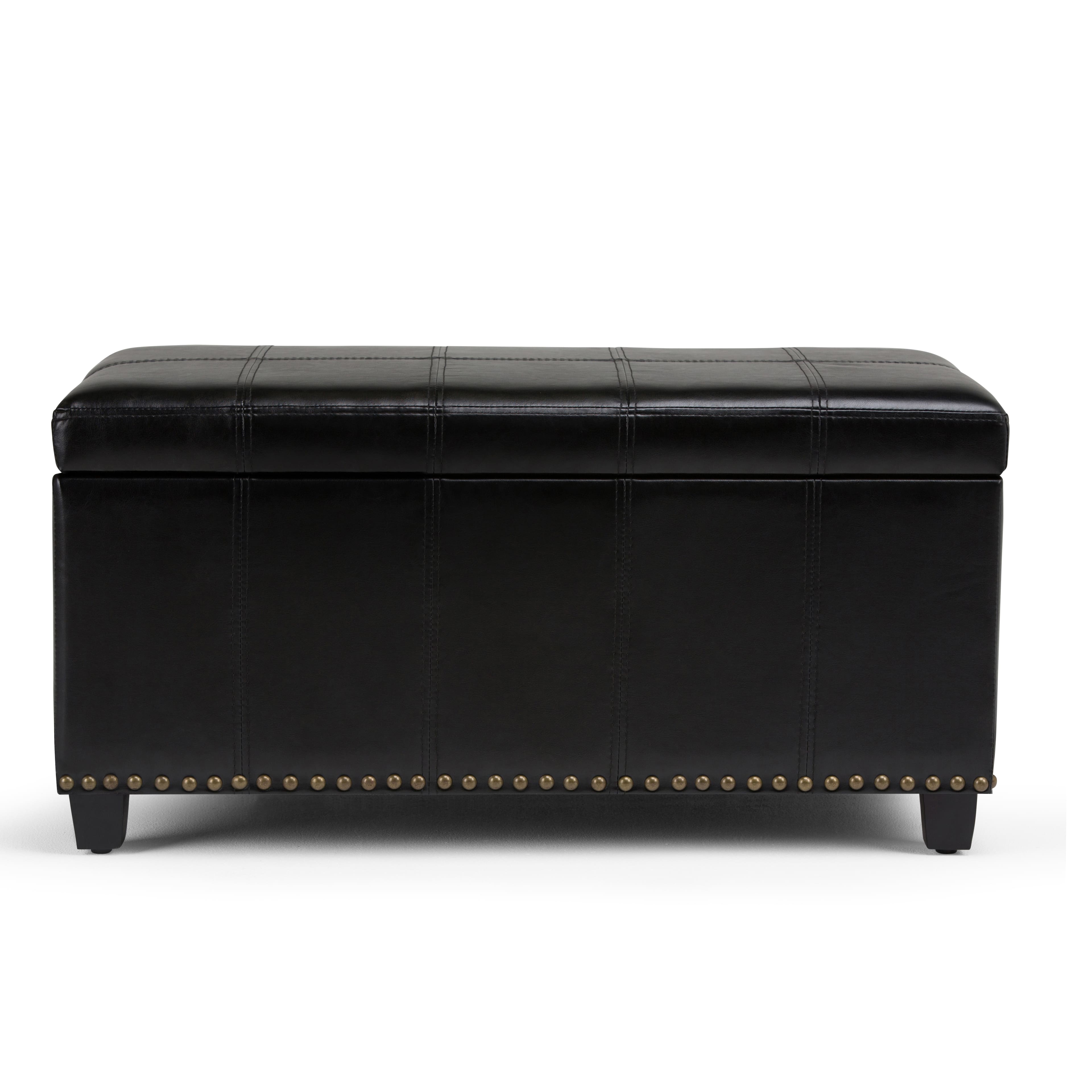 Front. Simpli Home - Amelia 34 inch Wide Transitional Rectangle Storage Ottoman Bench in Midnight Black Faux Leather - Midnight Black.