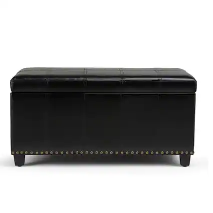 Front. Simpli Home - Amelia 34 inch Wide Transitional Rectangle Storage Ottoman Bench in Midnight Black Faux Leather - Midnight Black.