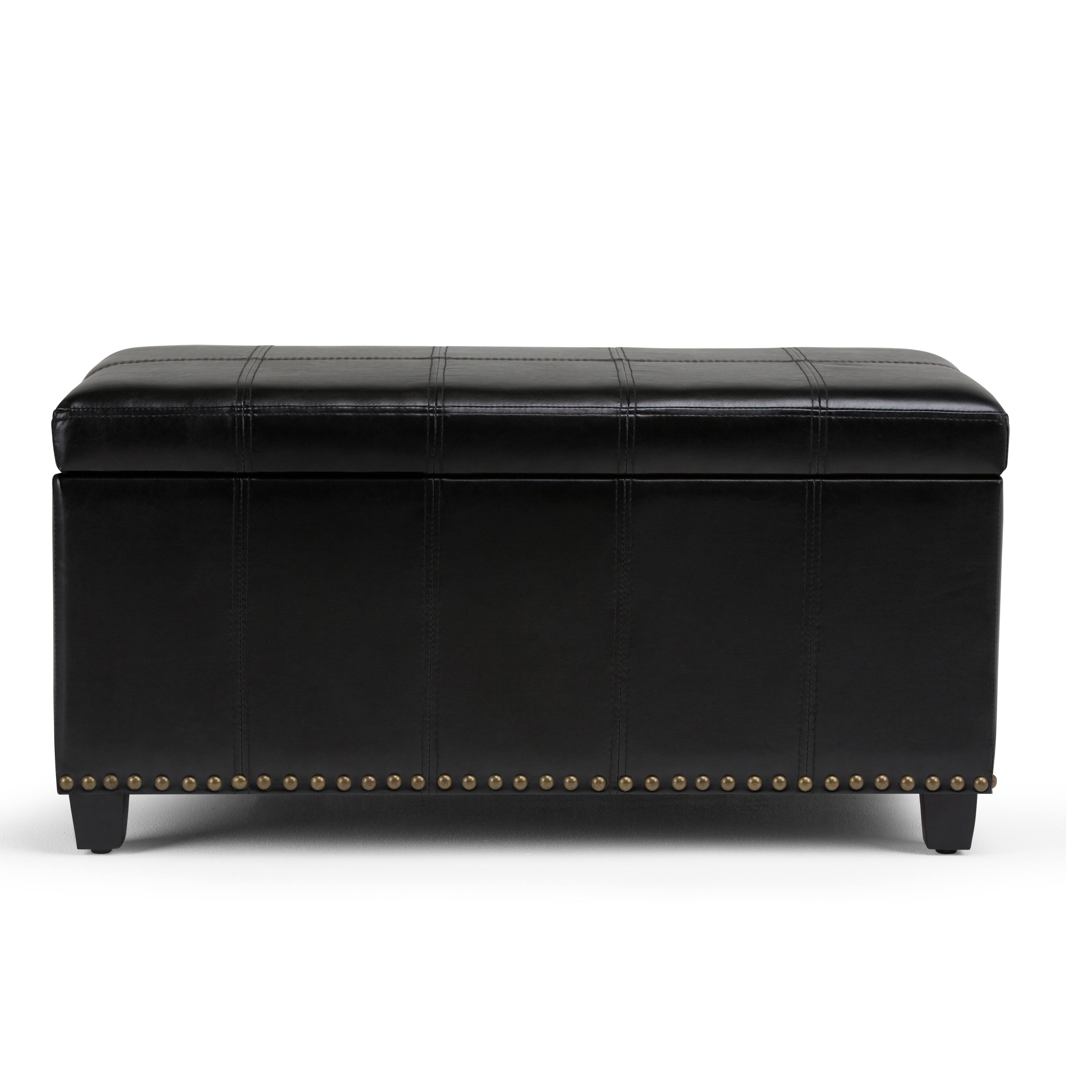 Simpli Home - Amelia 34 inch Wide Transitional Rectangle Storage Ottoman Bench Faux Leather - Midnight Black