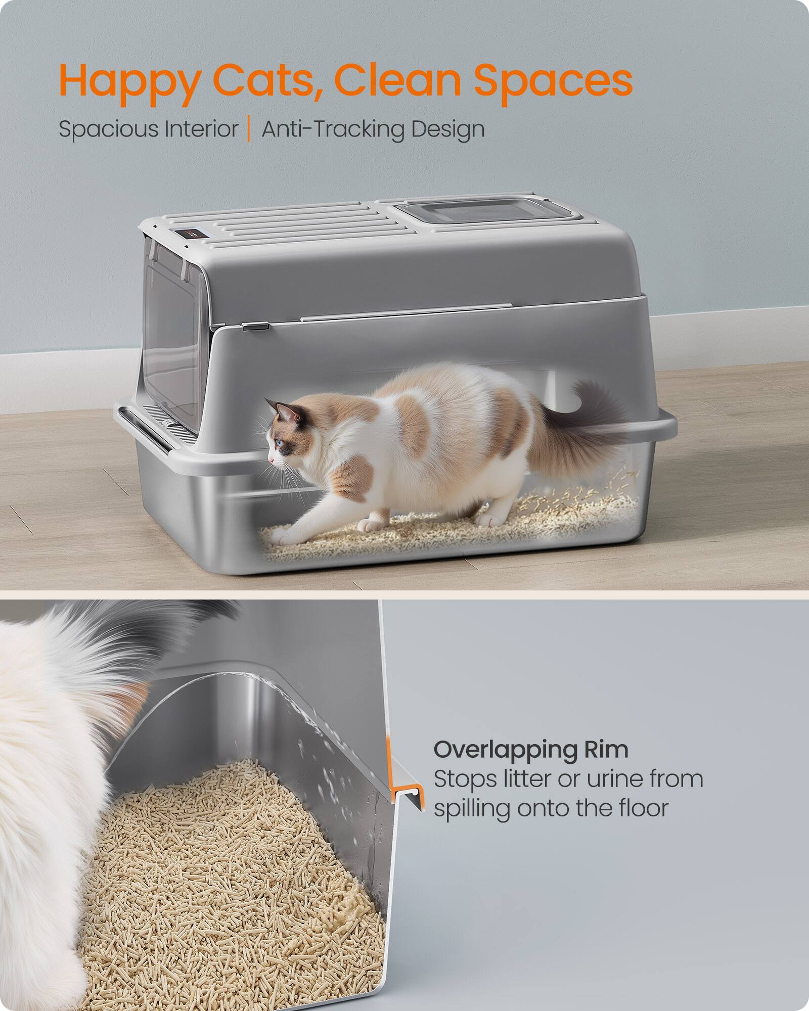 Happy Cats, Clean Spaces  
Spacious Interior | Anti-Tracking Design  

Overlapping Rim  
Stops litter or urine from spilling onto the floor