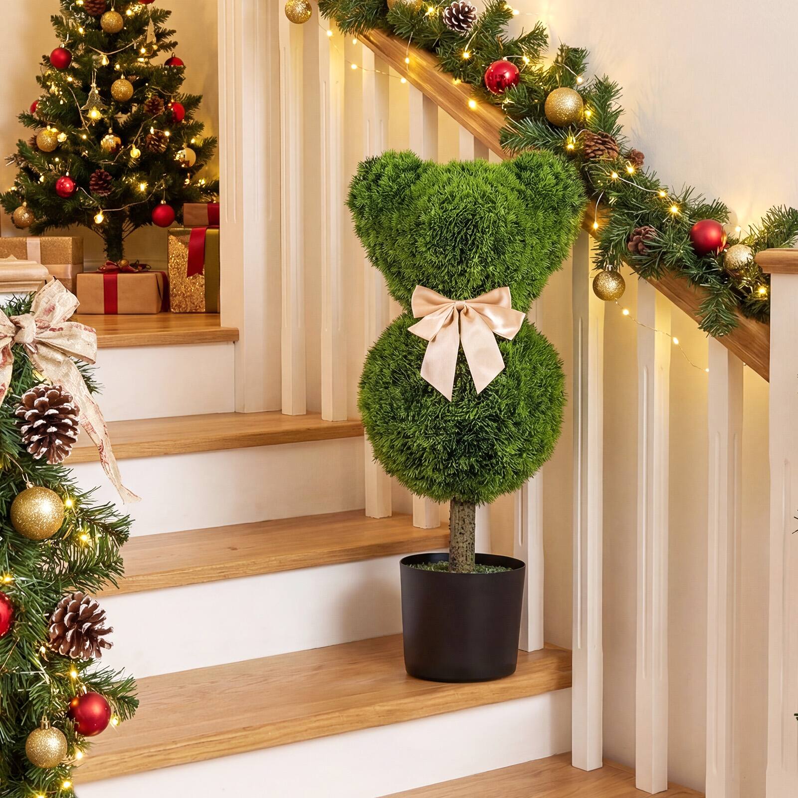 Alt View 4. Costway - Costway 2 PCS Bear Topiary Trees with Pots, Sun-resistant Bear-Shaped Faux Boxwood Plants - Green + Golden.
