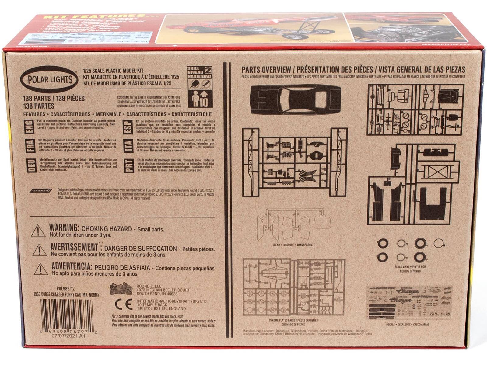 KIT FEATURES  
POLAR LIGHTS SKILL 1/25 SCALE PLASTIC MODEL  
NIVEAU 2 KIT MAQUETTE PLASTIQUE L'ÉCHELLE DE 1/25 HABILIDAD MODELISMO PLÁSTICO ESCALA 1/25  
PARTS OVERVIEW / PRÉSENTATION DES PIÈCES / VISTA GENERAL DE LAS PIEZAS  
138 PARTS / 138 PIÈCES / 138 PARTES  
CONFORME REDUCTIONS / CONFORMI / CONFORME  
SECURITÉ / SEGURIDAD / SEGURIDAD  
FEATURES - CARACTÉRISTIQUES - MERKMALE - CARACTERÍSTICAS - CARATTERISTICHE  
Contents / Contenido / Contenuto / Inhalt / Contenu / Contenido / Contenuto  
Instructions / Instructions / Instrucciones / Anweisungen / Instructions / Istruzioni  
ENG / ESP / FRA / ITA / DEU / PRT  

WARNING: CHOKING HAZARD - Small parts. Not for children under 3 yrs.  
AVERTISSEMENT: DANGER DE SUFF