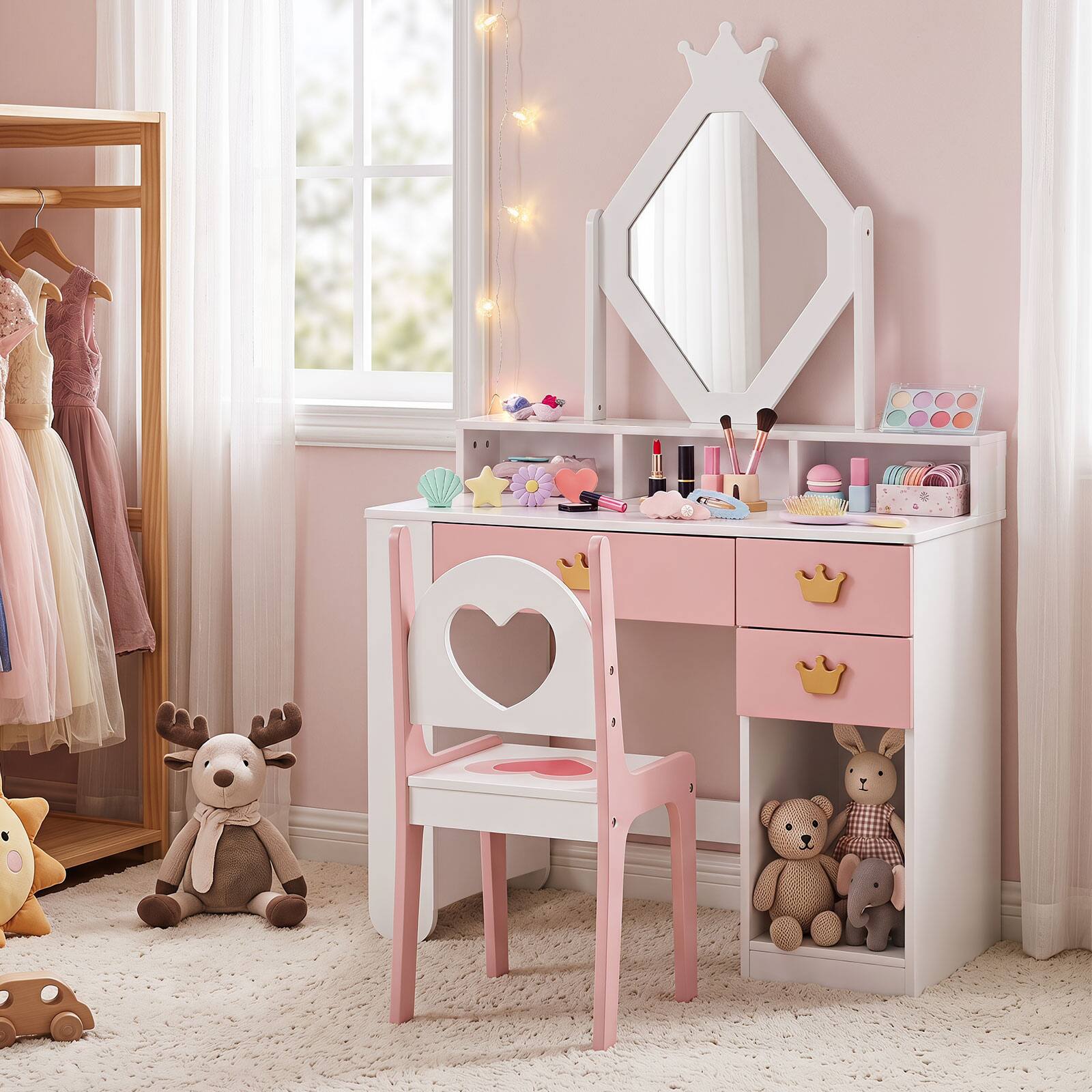 Alt View 3. Costway - Costway Kids Vanity Set with Crown Mirror & Chair, 3 Drawers, 3-Tier Storage Shelf - White & Pink.