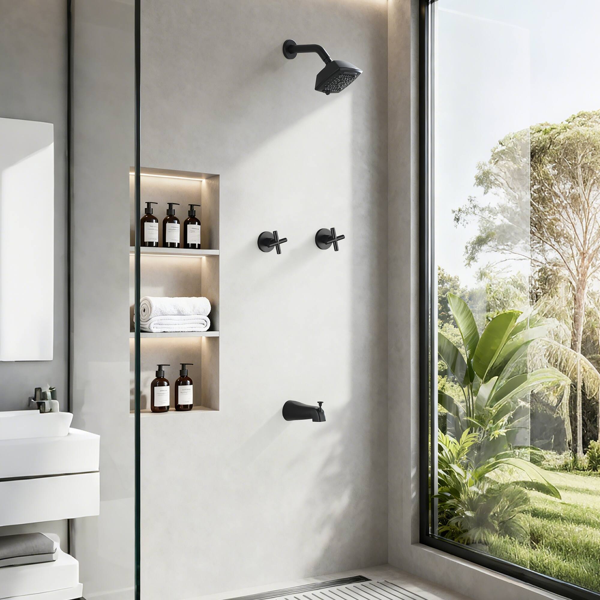 Alt View 1. Boyel Living - Matte Black Tub and Shower Set Brass SUS304 Dual Handle 5-Function Top Spray High-Flow - Matte Black.
