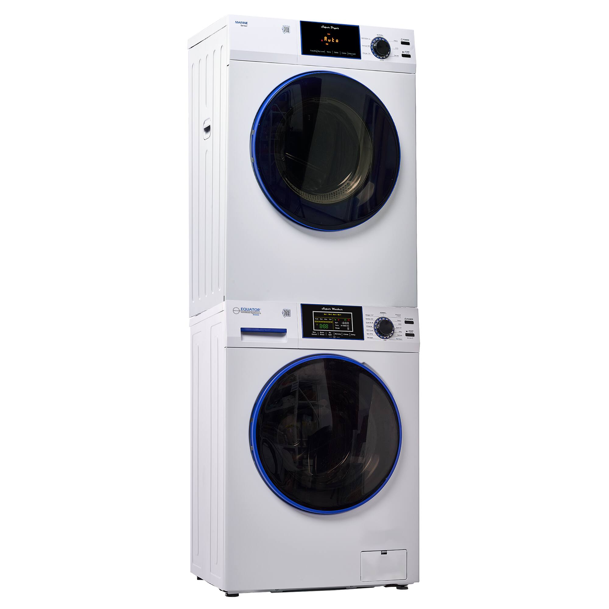 Sure, here is the corrected and grouped text from the image:

---

**Top Washer:**
- **Brand:** MAGNA
- **Model:** Auto Wash
- **Display:** Auto
- **Text on Display:** "Auto Wash"
- **Additional Text:** "Auto Wash" (repeated below the display)

**Bottom Dryer:**
- **Brand:** EQUATOR
- **Model:** Auto Dry
- **Display:** Auto
- **Text on Display:** "Auto Dry"
- **Additional Text:** "Auto Dry" (repeated below the display)

---

This text is grouped based on the sections of the washer and dryer.