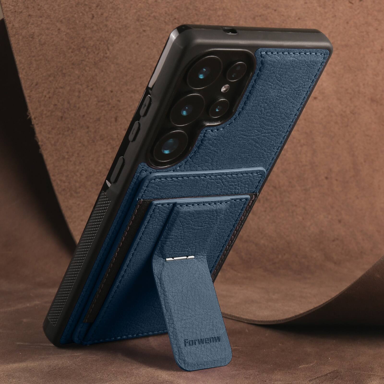 Angle. Dteck - Slim Card Holder Case for Samsung Galaxy S26 Ultra, Shockproof Wallet Protective Cover with Kickstand - Blue.