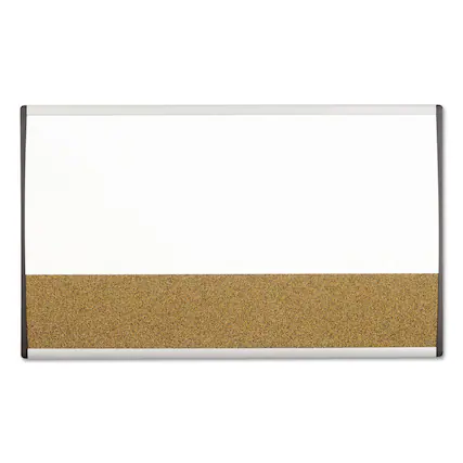 Front. Quartet - ARC Frame Cubicle Board, Combo Dry Erase/Cork Bulletin, 30" x 18", Tan/White Surface, Satin Aluminum Frame.