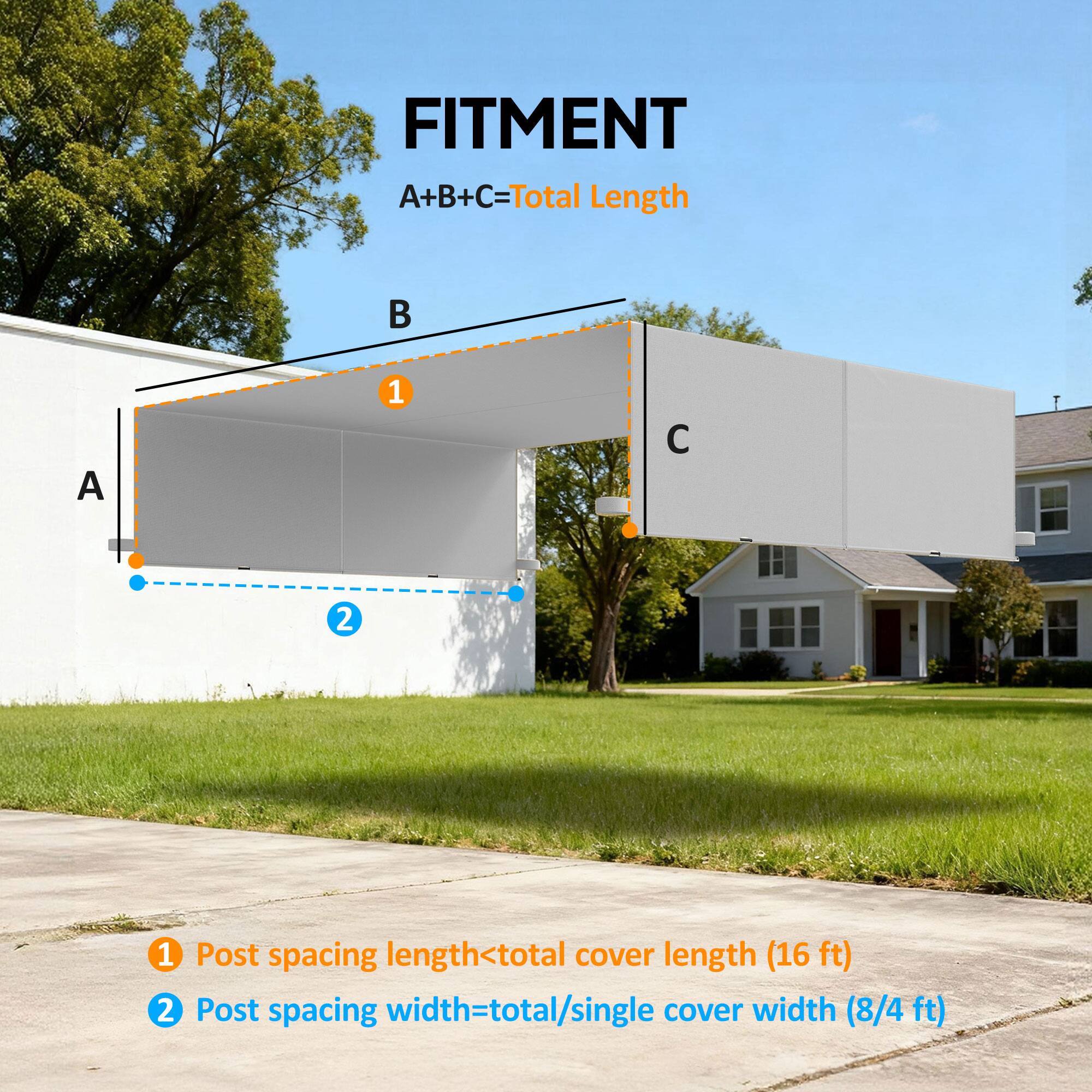 FITMENT  
A+B+C=Total Length  

1. Post spacing length < total cover length (16 ft)  
2. Post spacing width = total/single cover width (8/4 ft)