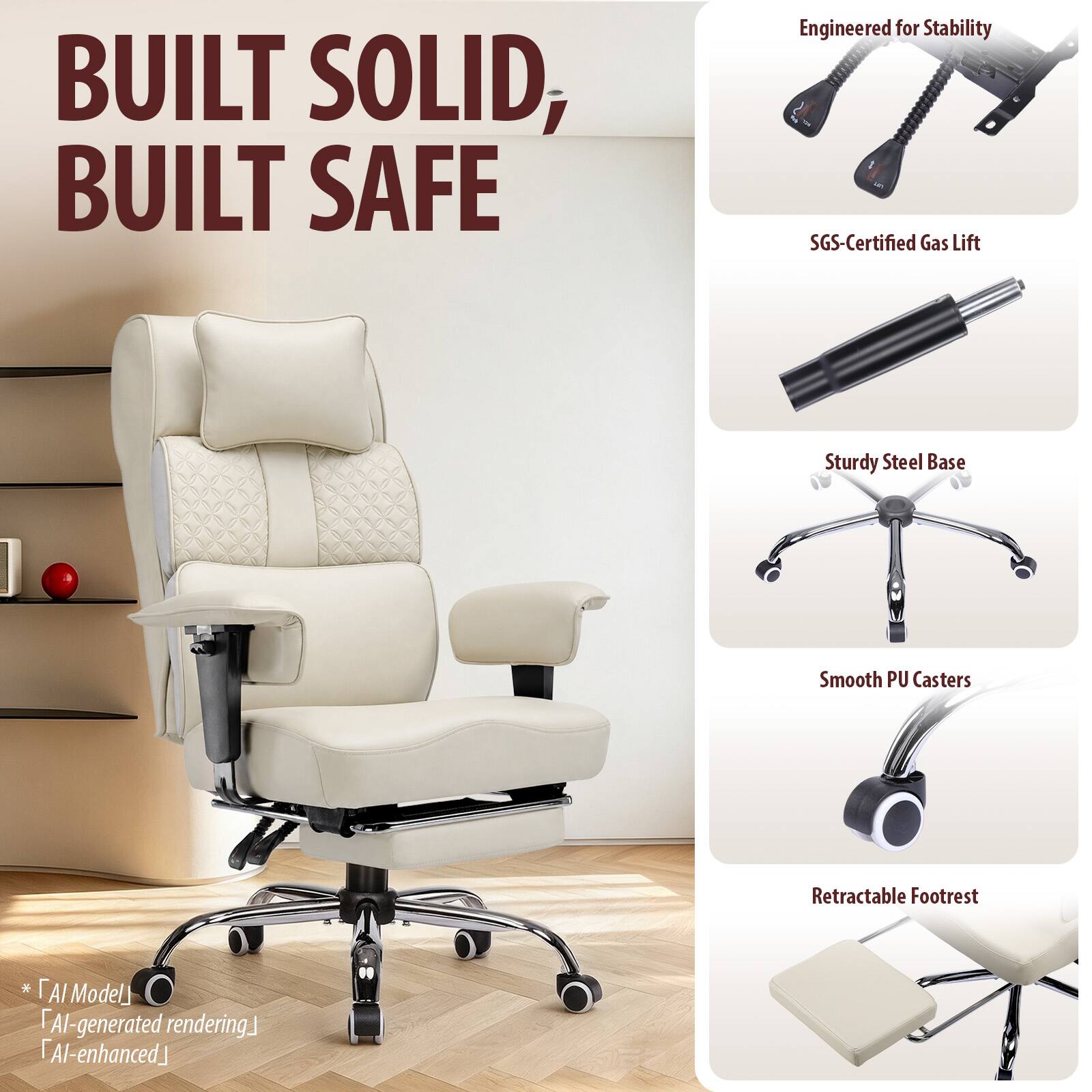 BUILT SOLID, BUILT SAFE

Engineered for Stability  
SGS-Certified Gas Lift  
Sturdy Steel Base  
Smooth PU Casters  
Retractable Footrest  

* AI Model  
AI-generated rendering  
AI-enhanced