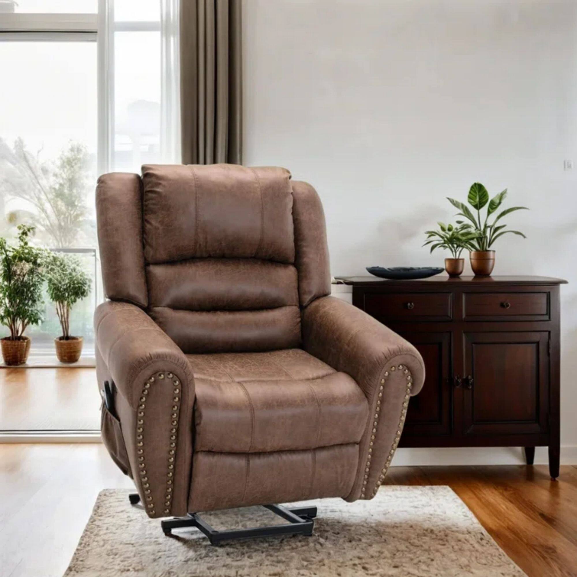 Bestier - 42.5in Faux Leather Power Lift Assist Heating Massage Recliner with 8-points Vibration - Brown