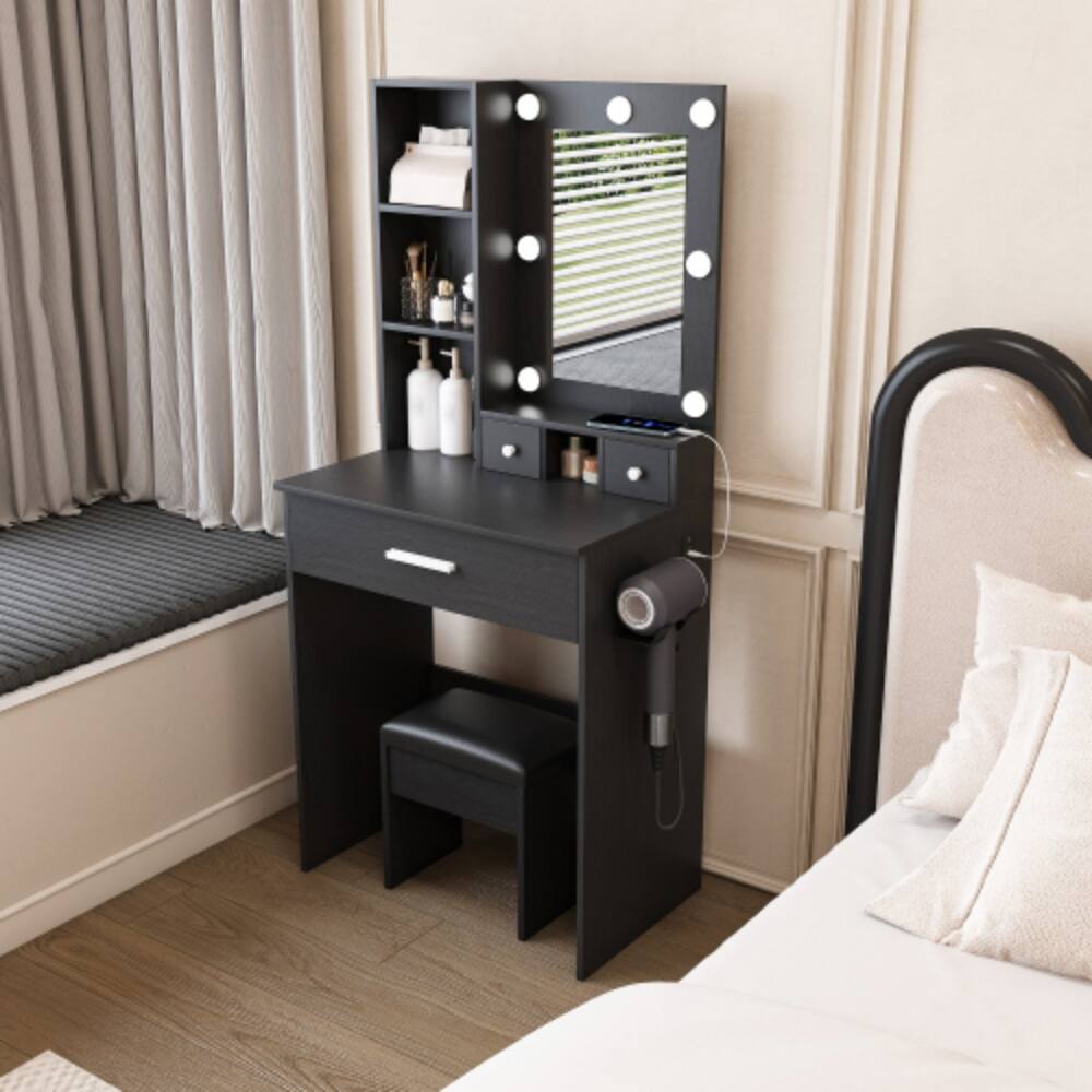 Alt View 2. LUCKY ONE - Compact Vanity Table with LED Mirror, Power Outlet, Hairdryer Holder, Drawers and Stool for Small Bedroom - Black.