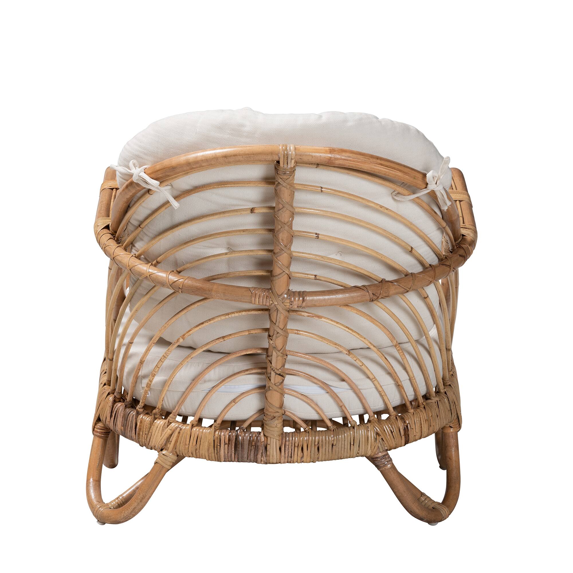 Back. bali & pari - Aliane Modern Bohemian Antique Rattan Armchair - White/Natural Brown.