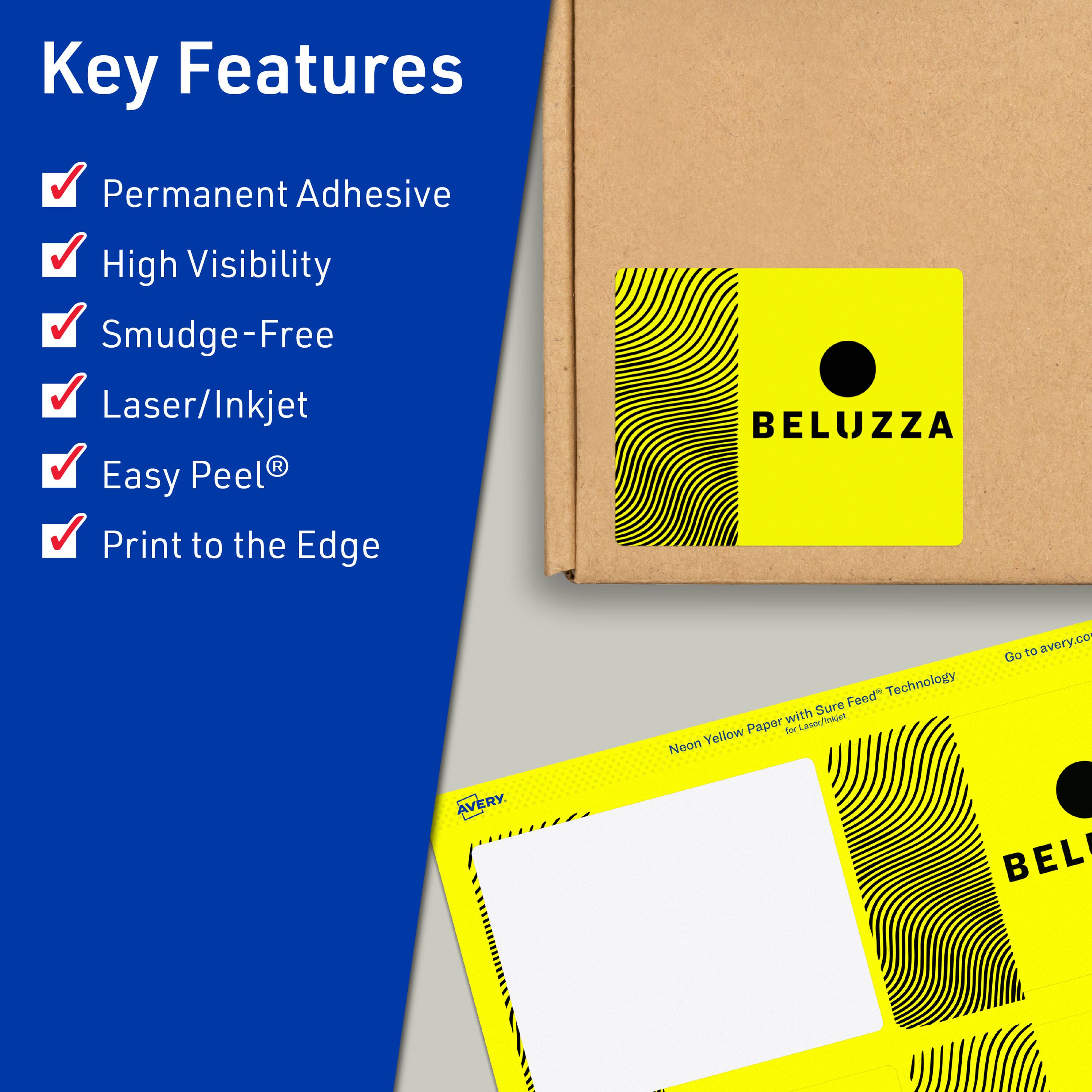 Key Features  
- Permanent Adhesive  
- High Visibility  
- Smudge-Free  
- Laser/Inkjet  
- Easy Peel®  
- Print to the Edge  

BELUZZA Feed™ Technology with Sure Feed™ Paper for Laser/Inkjet  
Neon Yellow  

Go to avery.com