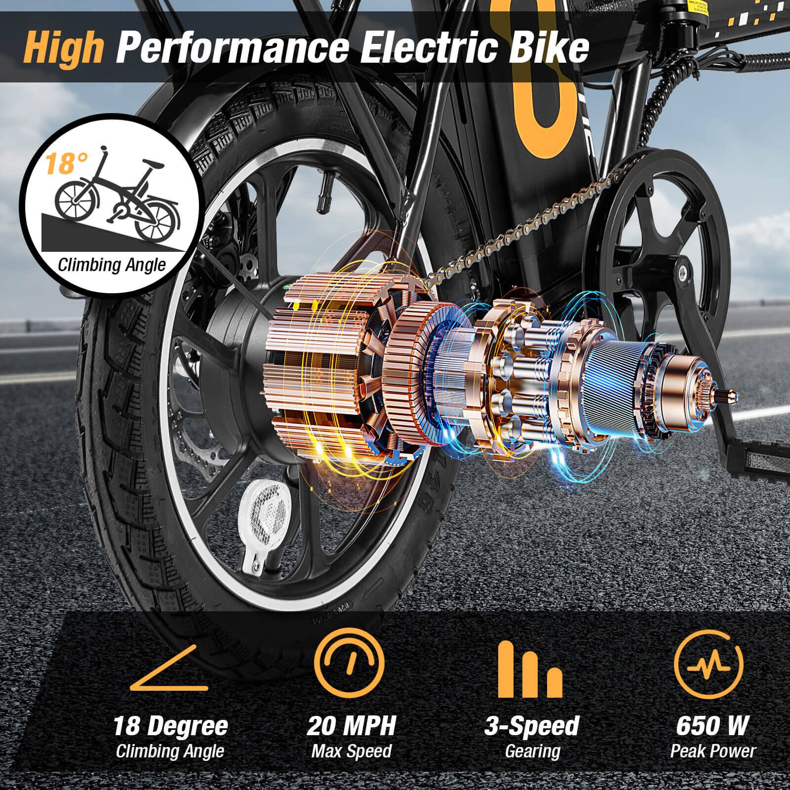 High Performance Electric Bike  18° Climbing Angle  20 MPH Max Speed  3-Speed Gearing  650 W Peak Power