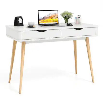 Front. Gymax - Gymax 43.5'' Writing Desk w/2 Drawers Anti-Tipping Kits & Solid Rubber Wood Legs - White, Natural.