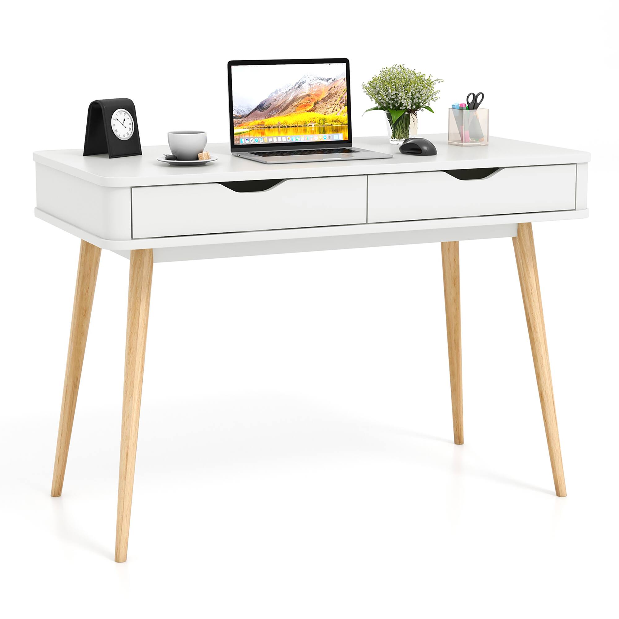 Front. Gymax - Gymax 43.5'' Writing Desk w/2 Drawers Anti-Tipping Kits & Solid Rubber Wood Legs - White, Natural.