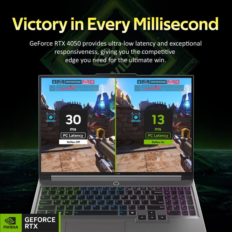 Victory in Every Millisecond

GeForce RTX 4050 provides ultra-low latency and exceptional responsiveness, giving you the competitive edge you need for the ultimate win.

30 ms  
PC Latency  
Reflex Off

13 ms  
PC Latency  
Reflex On

GEFORCE RTX  
NVIDIA