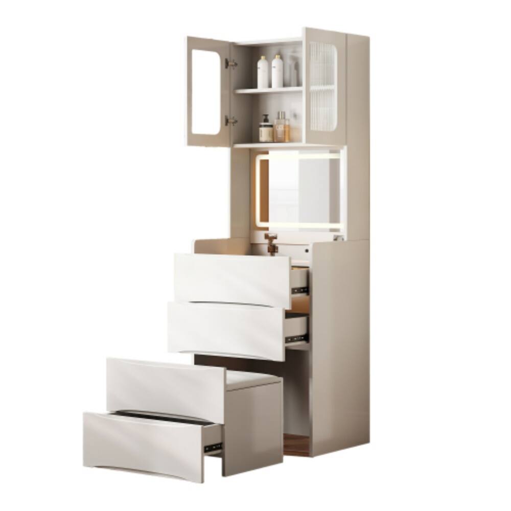 Alt View 5. LUCKY ONE - 3-in-1 Vanity Table with LED Mirror, Flip Top, 5 Storage Spaces and Storage Stool for Bedroom - White.