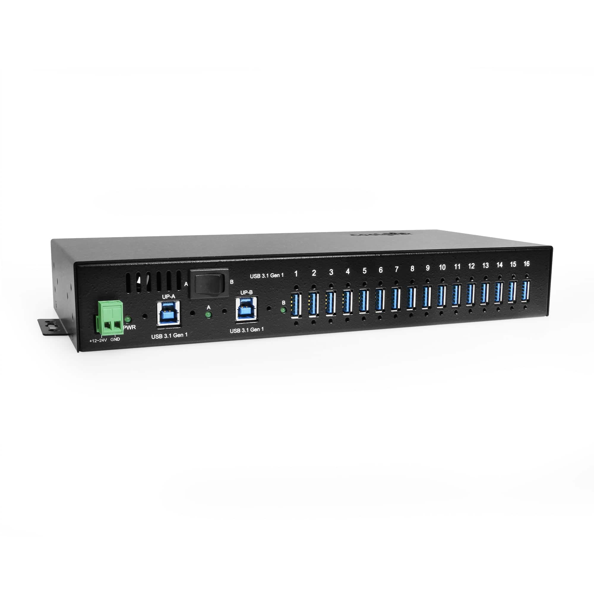 Coolgear - 16-Port USB Hub - Dual Upstream Ports - Screw Lock Compatible - Rack & DIN Rail Mounting - Surge Protection - 5Gbps - Black