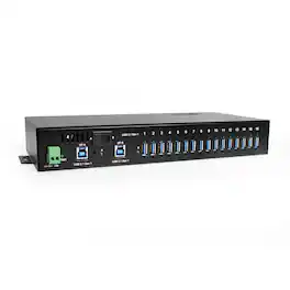 Coolgear - 16-Port USB Hub - Dual Upstream Ports - Screw Lock Compatible - Rack & DIN Rail Mounting - Surge Protection - 5Gbps - Black