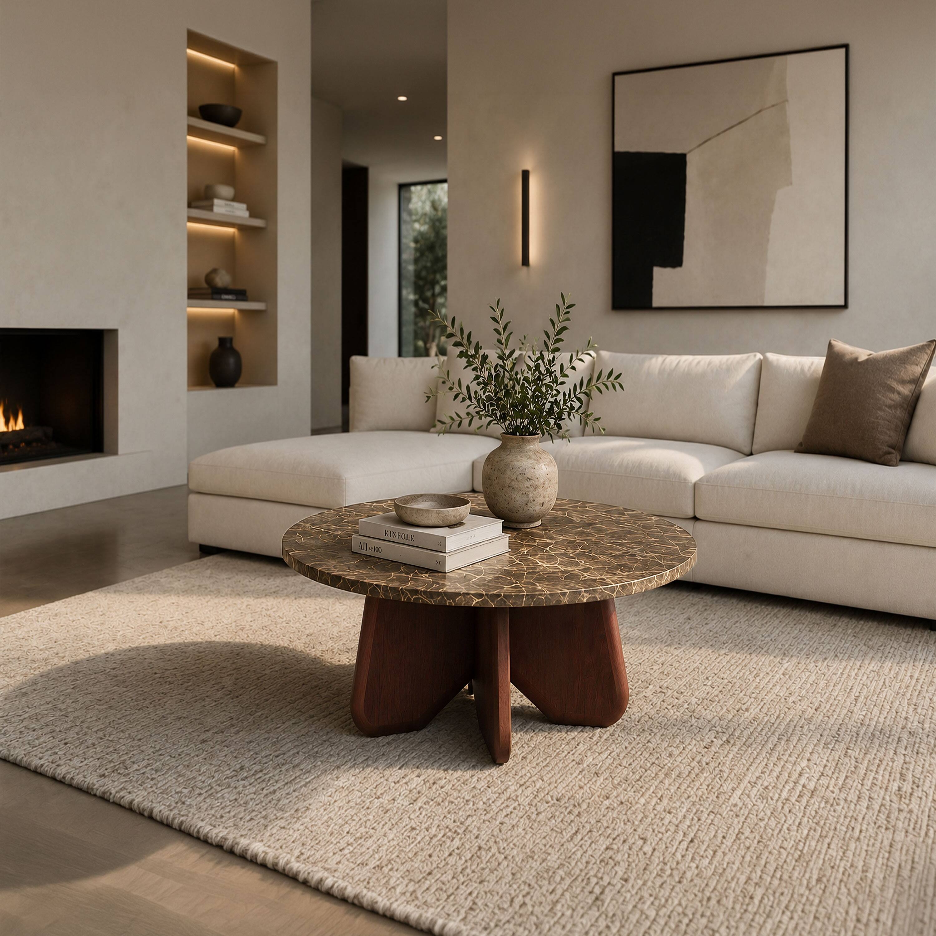 Alt View 6. Manhattan Lane - Zena 36 Inch Round Coffee Table, Spanish Emperador Marble Top, Brown Mango Wood Cross Legs - Brown, Yellow.