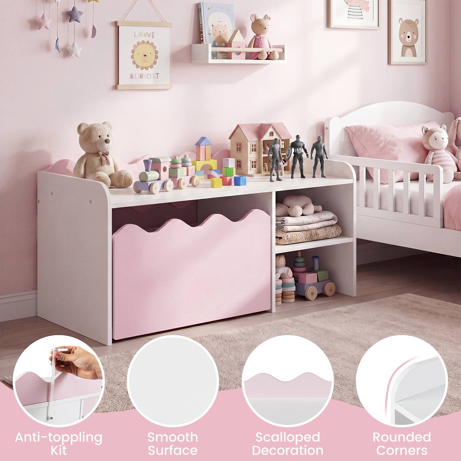 - Anti-toppling Kit
- Smooth Surface
- Scalloped Decoration
- Rounded Corners