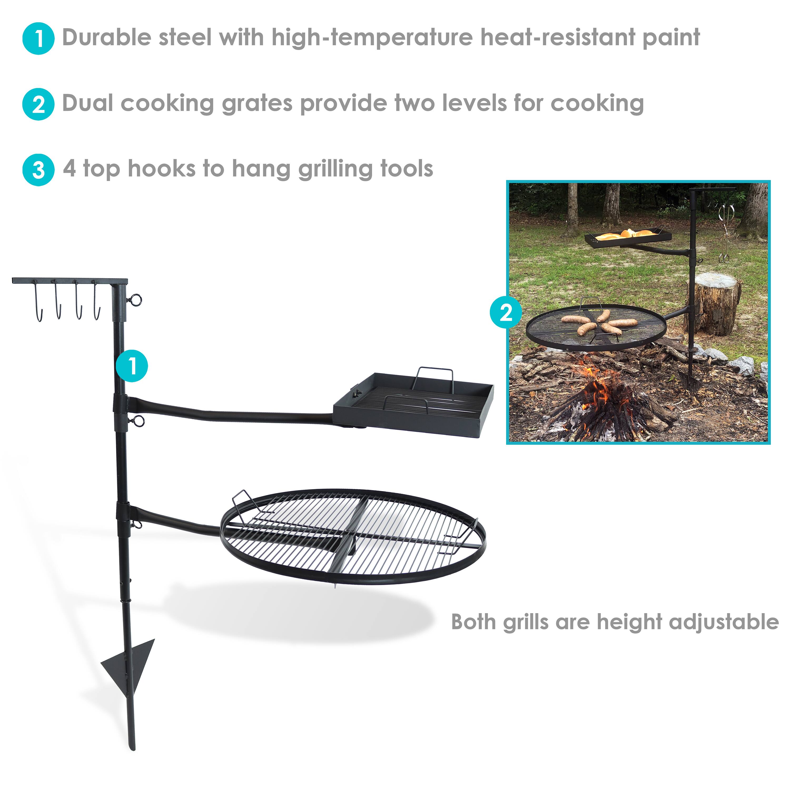 1. Durable steel with high-temperature heat-resistant paint  
2. Dual cooking grates provide two levels for cooking  
3. 4 top hooks to hang grilling tools  

Both grills are height adjustable