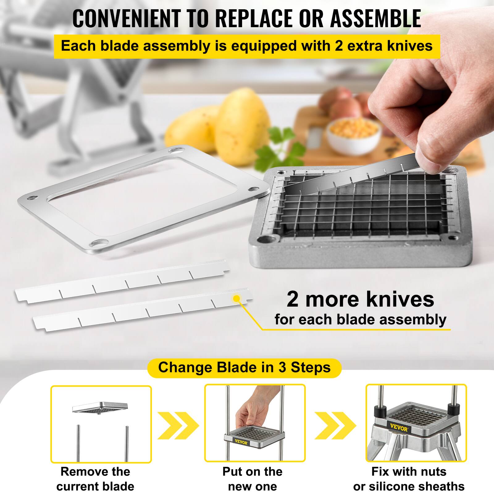 CONVENIENT TO REPLACE OR ASSEMBLE Each blade assembly is equipped with 2 extra knives 2 more knives for each blade assembly Change Blade in 3 Steps Remove the current blade Put on the new one Fix with nuts or silicone sheaths