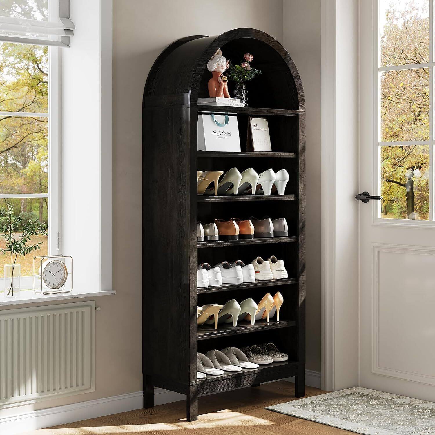 Front. GARVEE - 71" Tall Arched Display Cabinet, 7-Tier Adjustable Shelf Bookcase, Shoe Cabinet, Farmhouse Storage Organizer, Black Oak - Black Oak.
