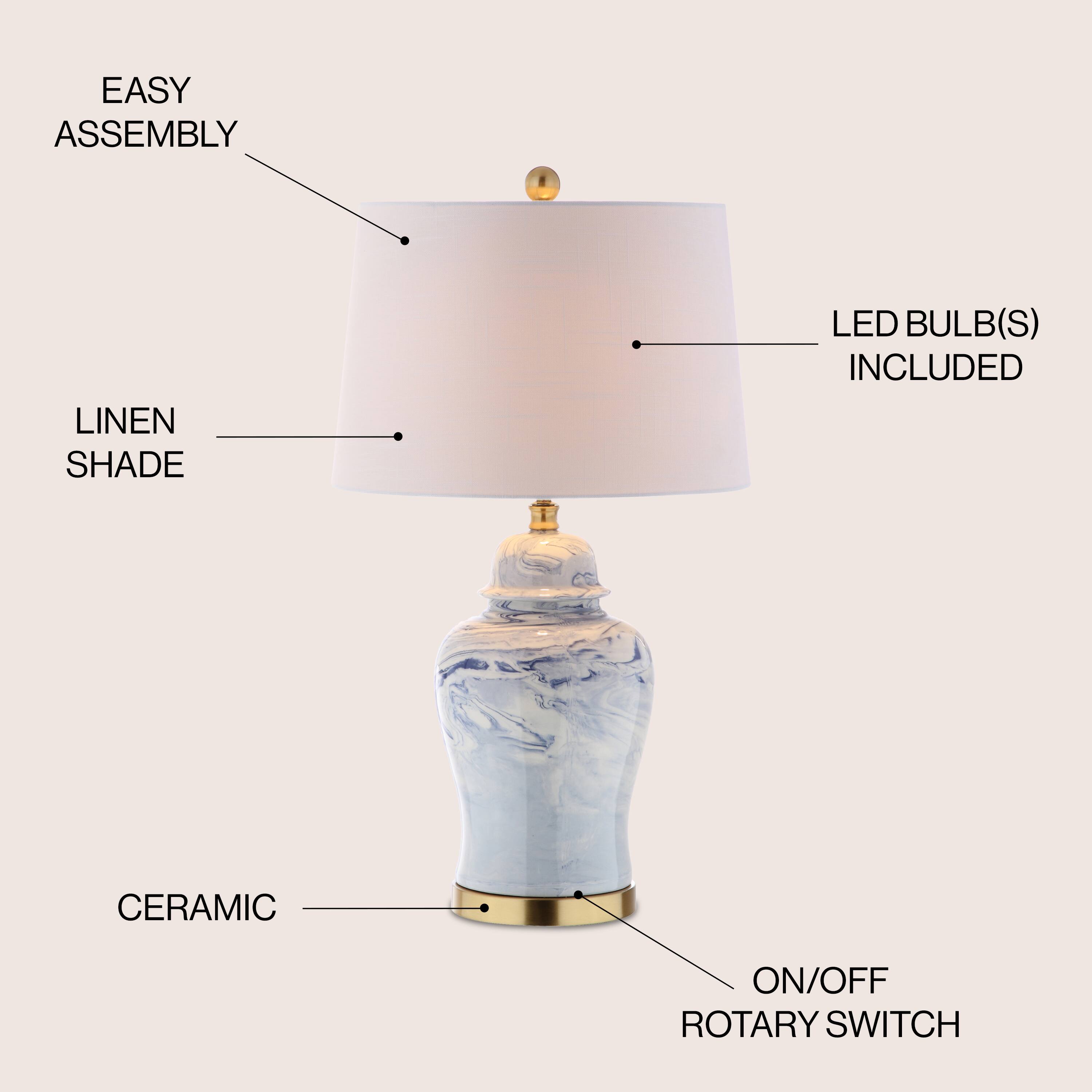 - EASY ASSEMBLY
- LINEN SHADE
- LED BULB(S) INCLUDED
- CERAMIC
- ON/OFF ROTARY SWITCH