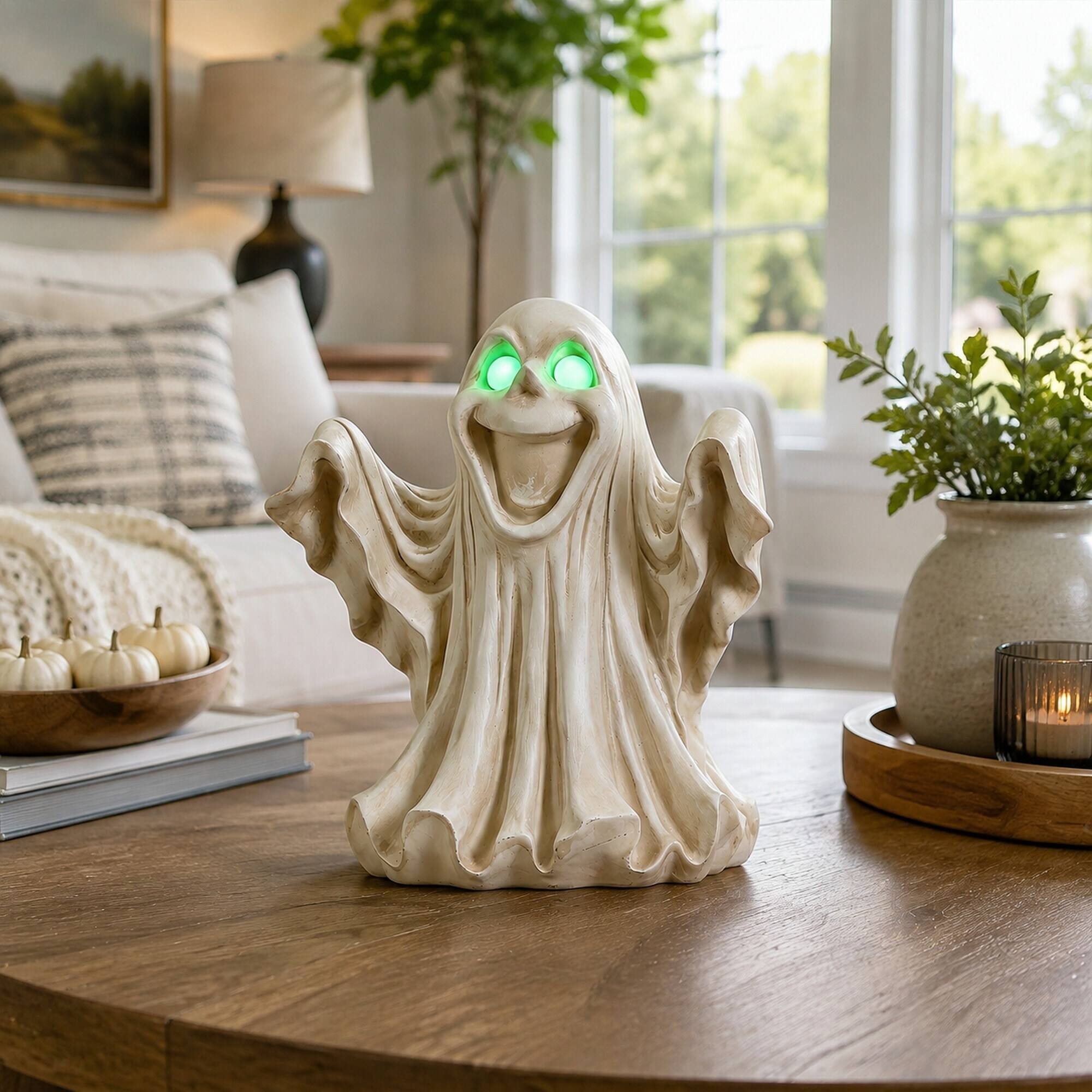 Back. RYHNUYNE - Halloween Ghost Figurine with Glowing LED Eyes for Spooky Home and Party Decor, Resin Tabletop Statue for Shelves - White.