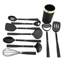 Gibson - Home Hampsbridge 10 Piece Nylon Kitchen Tool Set and Utensil Crock and Gold - Black
