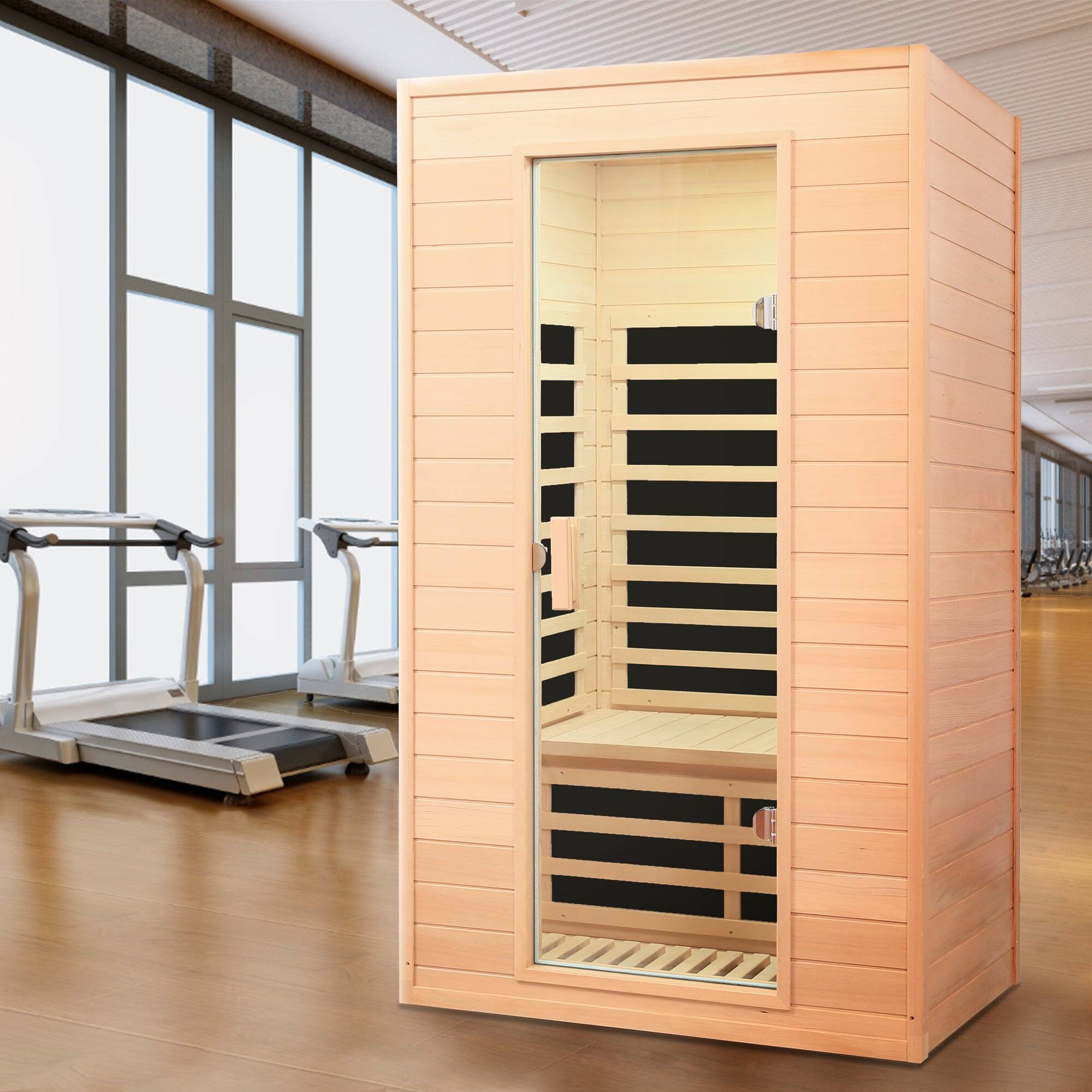 Alt View 2. Boyel Living - Hemlock Two-Person Far Infrared Indoor Sauna with Bluetooth and LED Lights - Natural Wood.