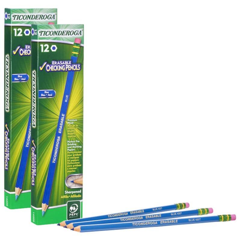 Ticonderoga 12 1200  
Ticonderoga ER 12  
Erasable Checking Pencils  
Blue  
Erasable  
Wood  
Premium  
Perfect for grading and marking papers  
Sharpened  
Affilé  
PEFC  
Ticonderoga Erasable  
Blue 420T