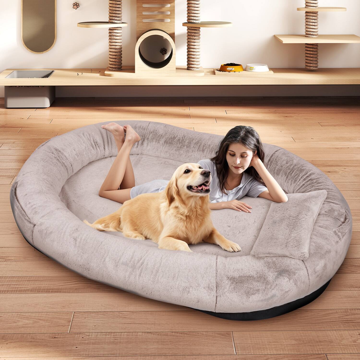 Angle. Furryfection - Oversize Faux Fur Human dog Bed with Pillow and Blanket - Camel.