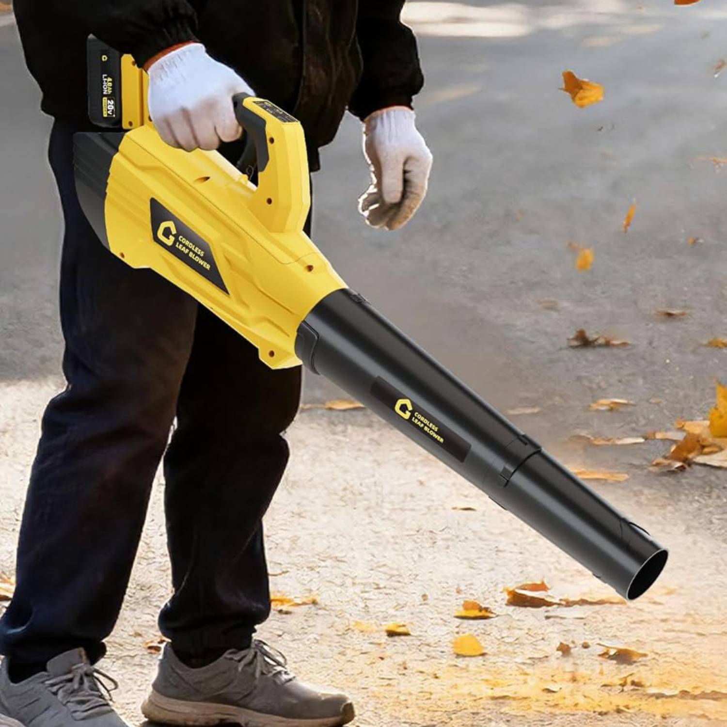 Qeetex - 2 Speed 700CFM 250MPH Cordless 20V Electric Leaf Blower for Lawn Care, Blowing Leaves, Yellow