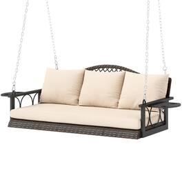Resenkos - 3-Person Wicker Swing Bench, Outdoor Patio, Porch Seating, With Cushions & Chains, Brown