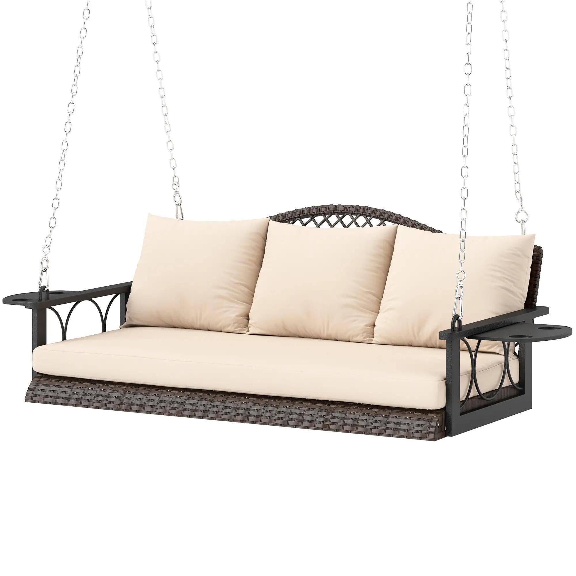 Front. Resenkos - Resenkos 3-Person Wicker Swing Bench, Outdoor Patio, Porch Seating, With Cushions & Chains, Brown.