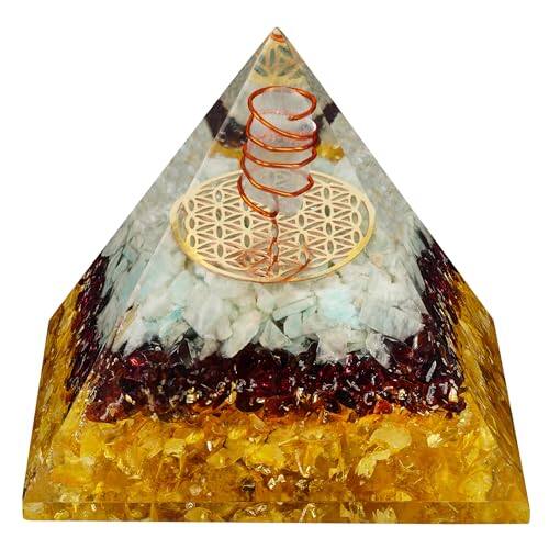 Front. Alchemy Casas - Rose Quartz Orgone Pyramid 7.5cm – Chakra Balance, Love Energy, Desk Decor Gift - E- Citrine Aqua Garnet Pyramid.