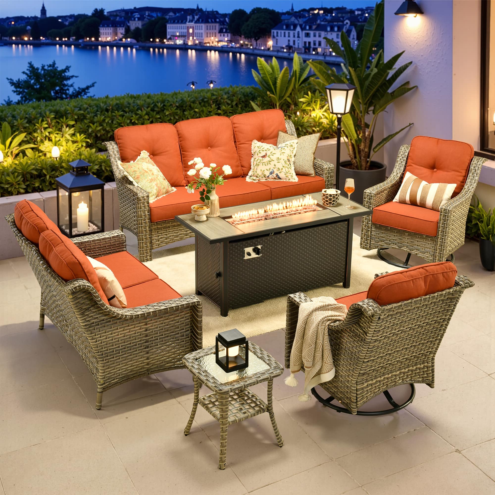 Ovios - 6 PCS Patio Furniture Set with 54" Fire Pit Table Comfy Loveseat with Swivel Chairs & Side Table - Orange Red
