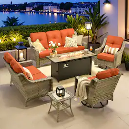 Ovios - 6 PCS Patio Furniture Set with 54" Fire Pit Table Comfy Loveseat with Swivel Chairs & Side Table - Orange Red