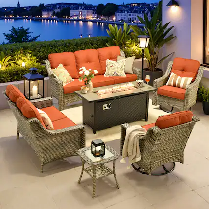 Front. Ovios - 6 PCS Patio Furniture Set with 54" Fire Pit Table Comfy Loveseat with Swivel Chairs & Side Table - Orange Red.